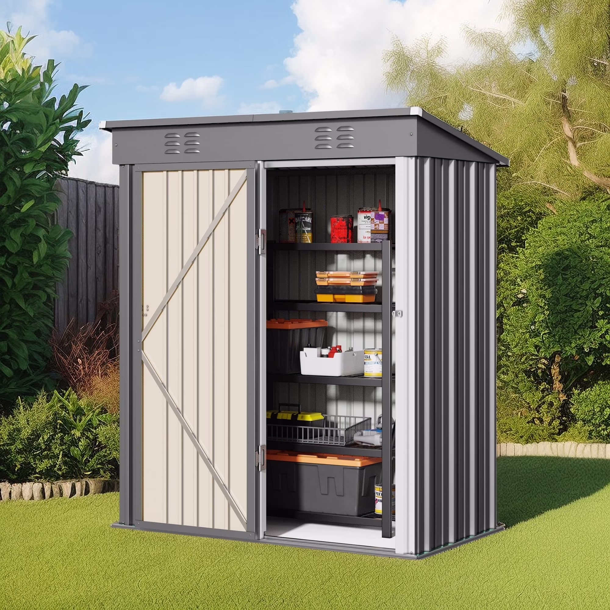 Asofer 5' x 3' FT Outdoor Storage Metal Shed, Small Shed with 2  Lockable Door, Dark Gray