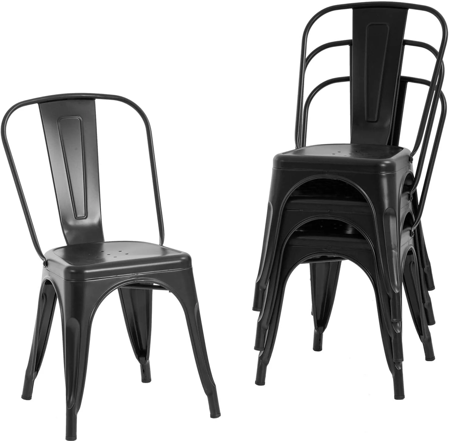 YRLLENSDAN 18" Seat Height Metal Chairs Set of 4，Dining Chairs Indoor/Outdoor Tolix Restaurant Chair Kitchen Chair 18” Seat Height Stackable Trattoria Metal Bar Chairs (Black)