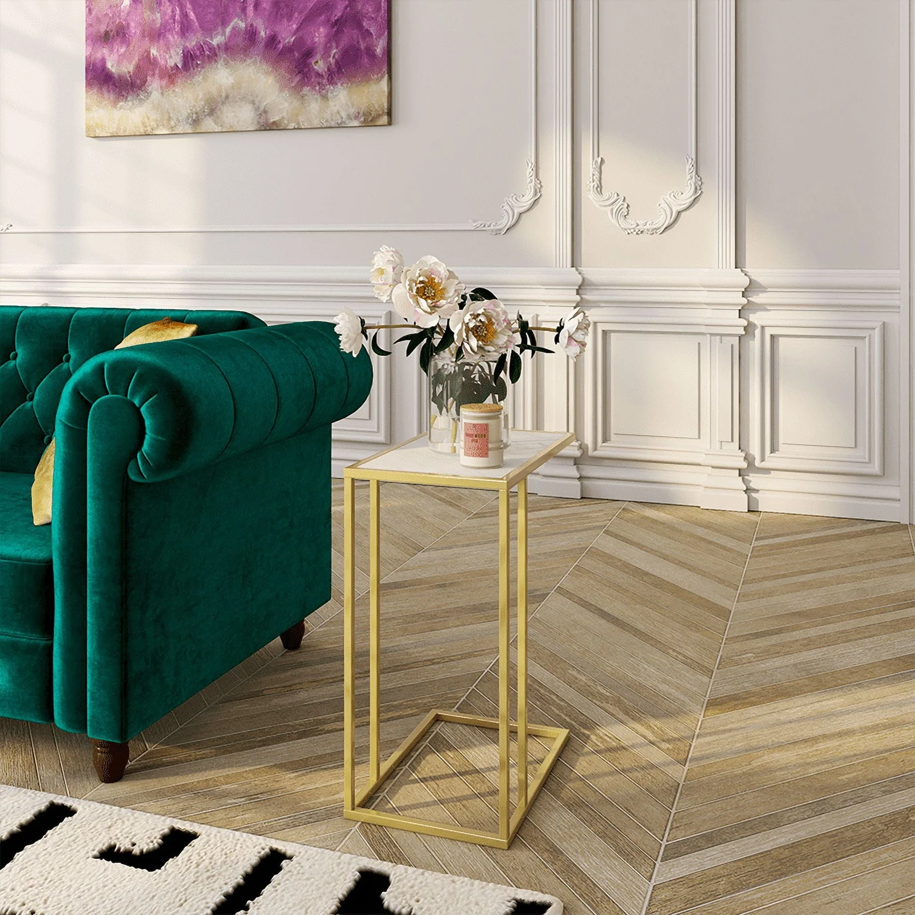 Ember Interiors Modern Wood and Metal C-Shaped End Table, Set of 2, Faux White Marble/Gold