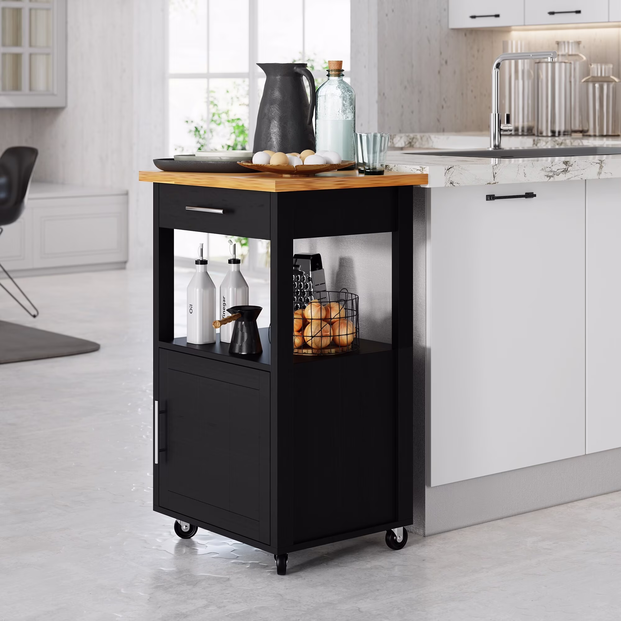 Futzca  Kitchen Island Cart with Storage,Rolling Kitchen Island Side Table on Wheels with Worktop, White - N/A Black