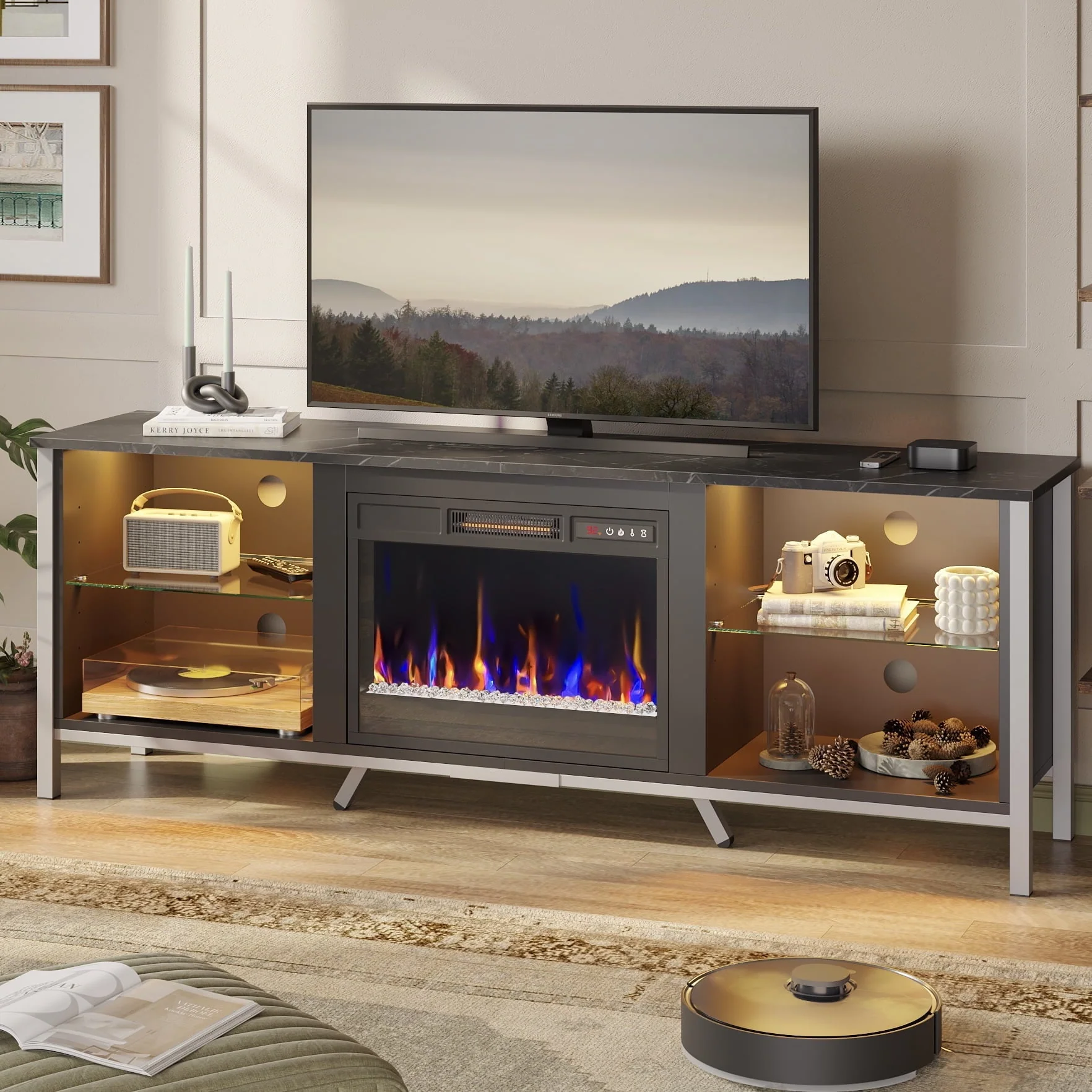 Bestier 70" Electric Fireplace TV Stand for TVs up to 80" LED Entertainment center with 23" Fireplace, Black Marble